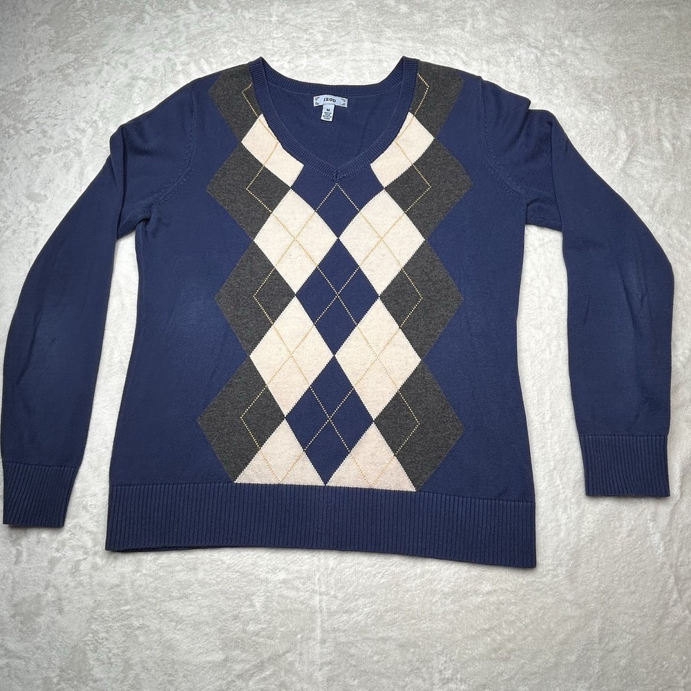 Izod Men's Medium V-Neck Argyle Sweater Navy Blue Casual Diamond Cotton